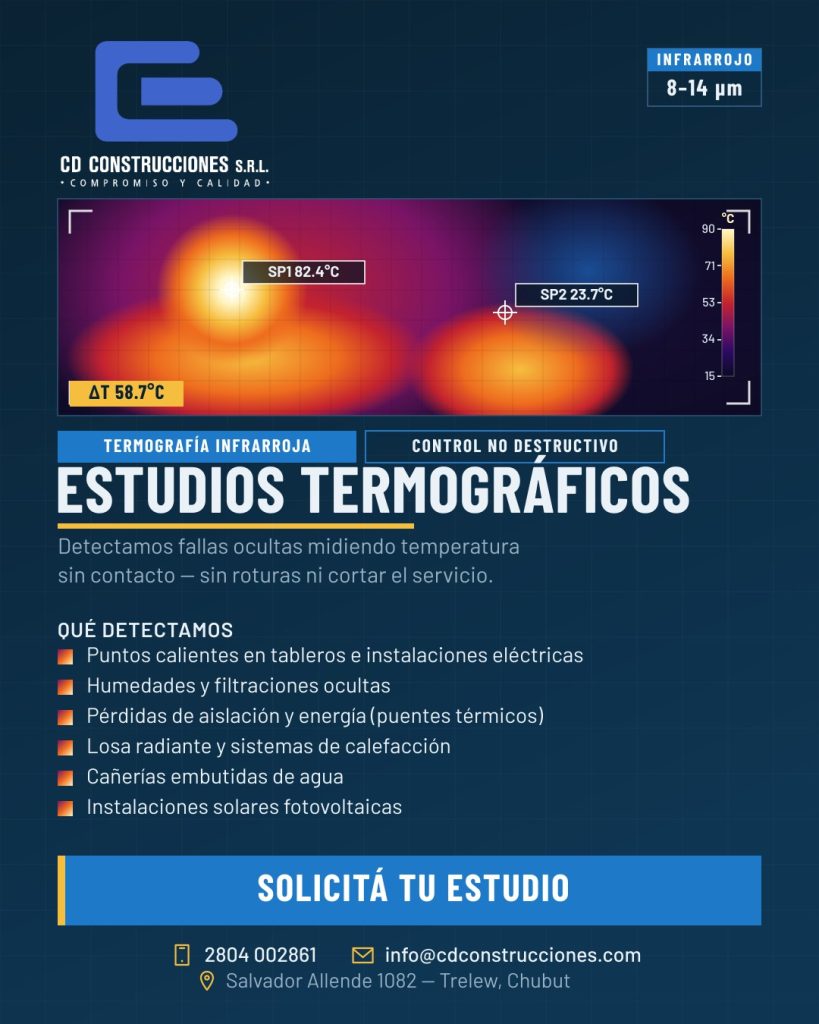 Flyer de estudios termográficos CD Construcciones: imagen térmica con puntos calientes detectados